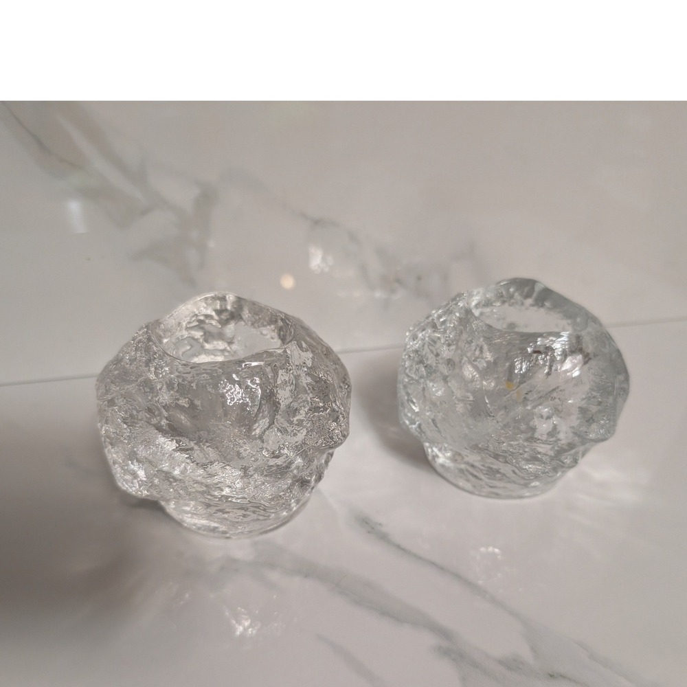 Pair of Kosta Boda Snowball Glass Votive Candle Holder Clear Round Textured